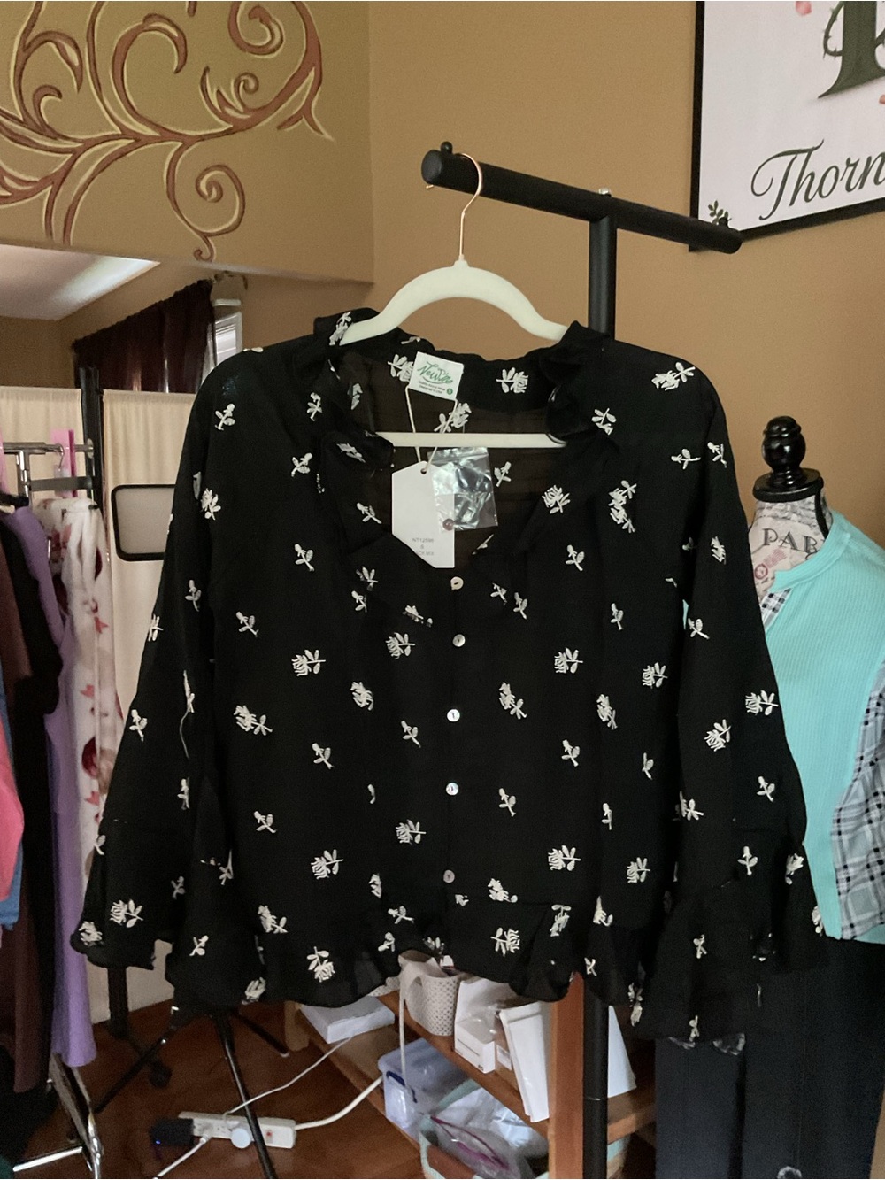 Very J Black Blouse with White Floral Print